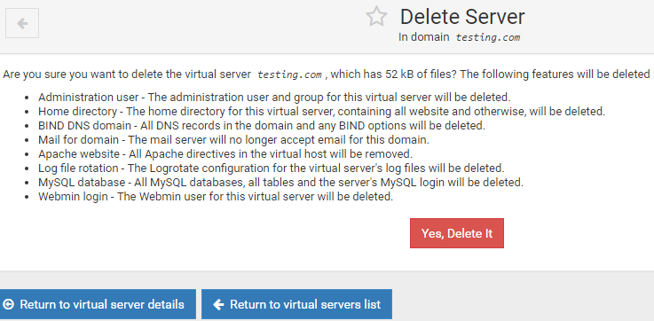 Delete Domain Virtual Server in Webmin