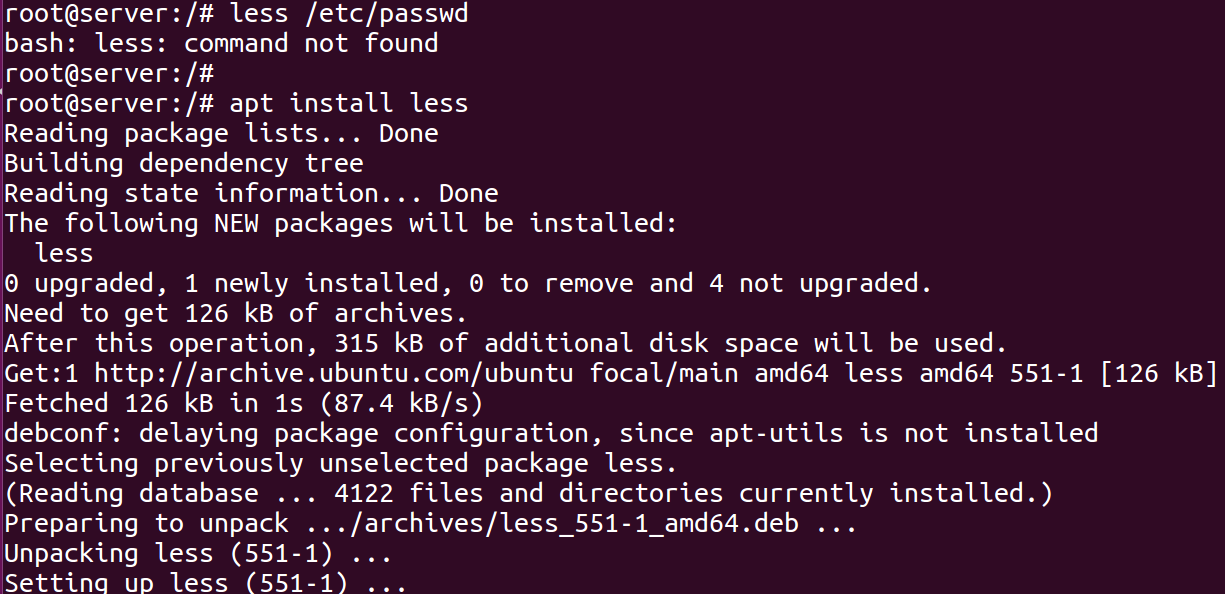 How to Install less command Ubuntu 20.04