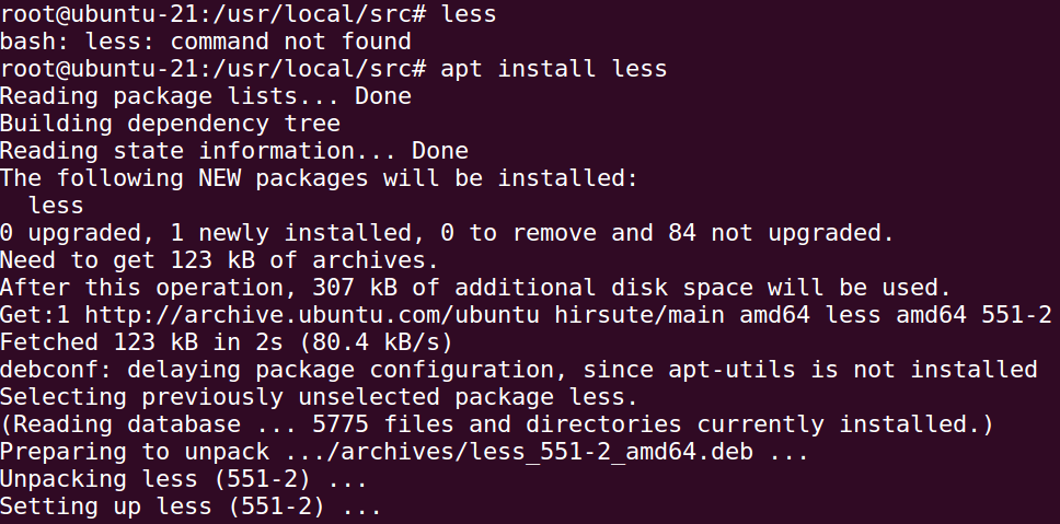 How to install Less command on Ubuntu 21.04 Server
